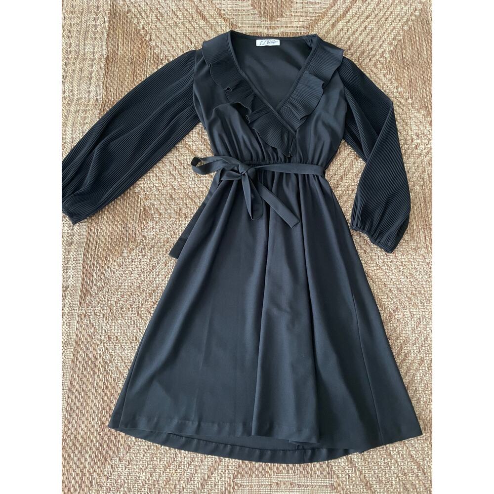 Vintage S.L. Petites Black Sheer Ruffle detailed Dress with belt retro disco